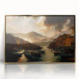 Acrylic print of Portofino, Italy with vivid blue and green tones in an art deco style, suitable for modern art wall decor.