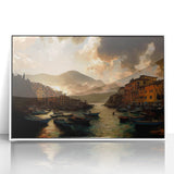 Mid-century modernist art depicting Portofino, Italy scenery in vibrant colors on a white framed acrylic print.