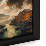 Extra large black wall art depicting a textured, colorful Portofino, Italy scene on a framed canvas.