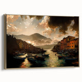 Framed canvas depicting a vintage-style Portofino landscape with muted earth tones, ideal for bedroom wall art.