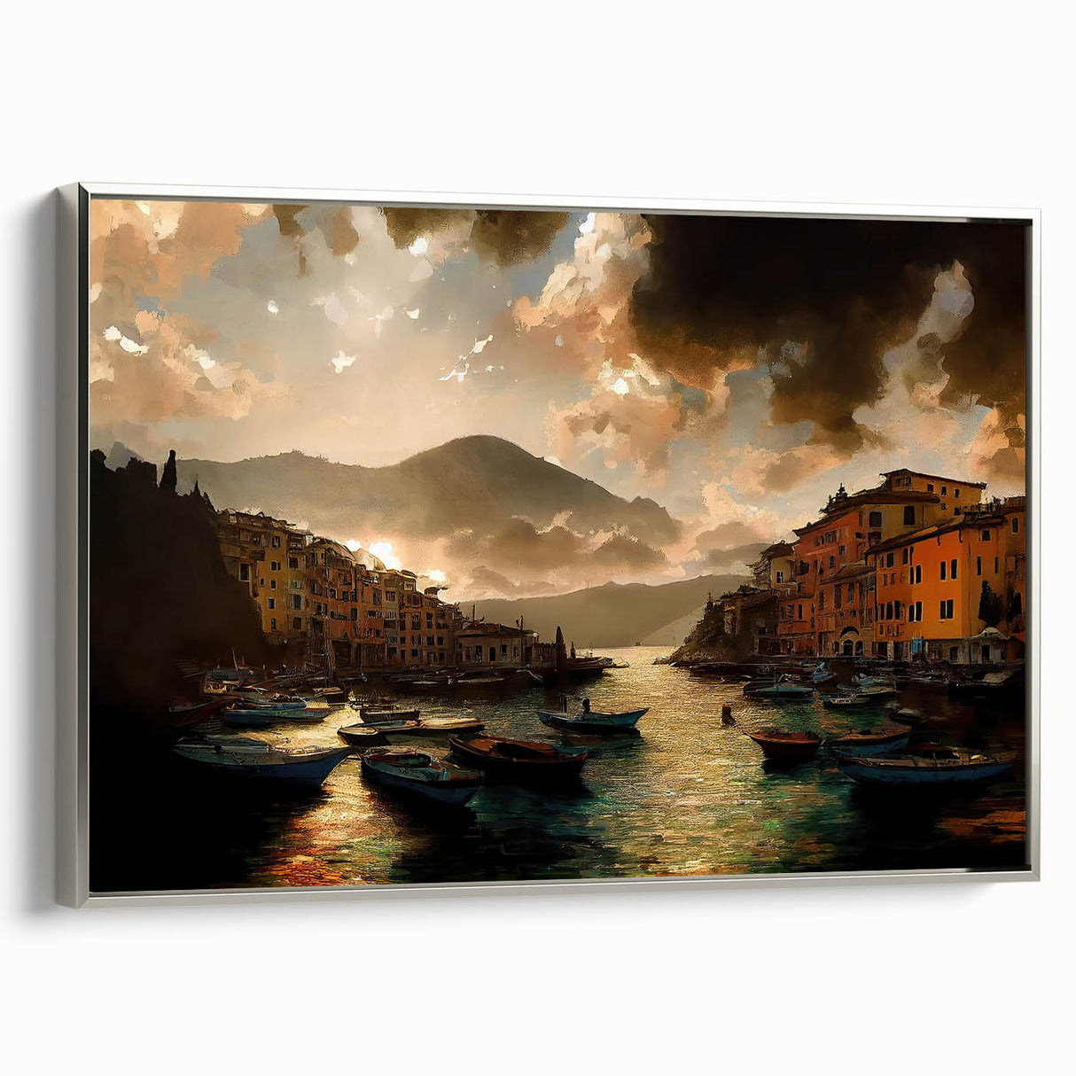 Framed canvas landscape art painting of Portofino, Italy, in vibrant colors with a vintage poster style.