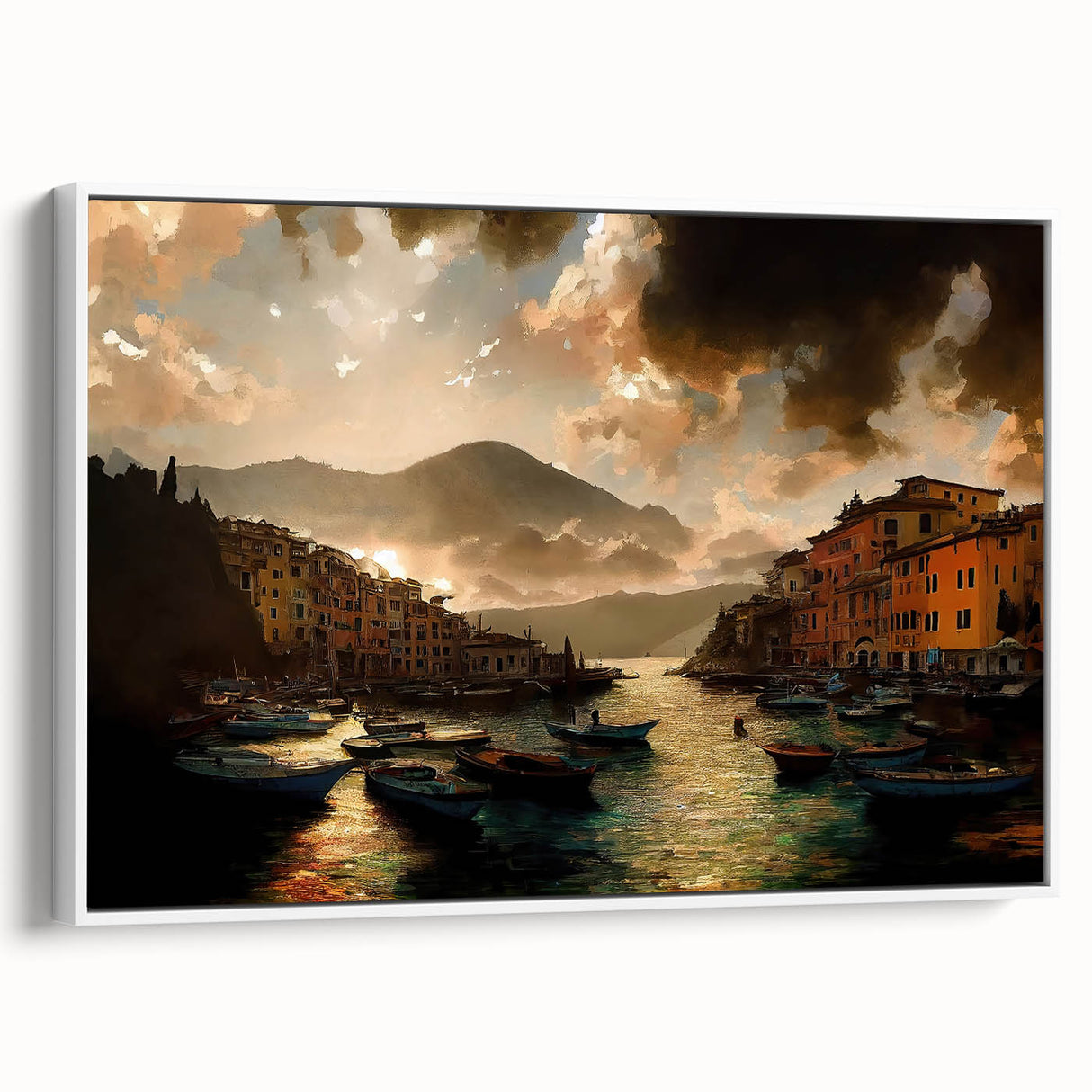 Vintage poster art of Portofino, Italy with vibrant colors on a white-framed canvas, ideal for living room decor.
