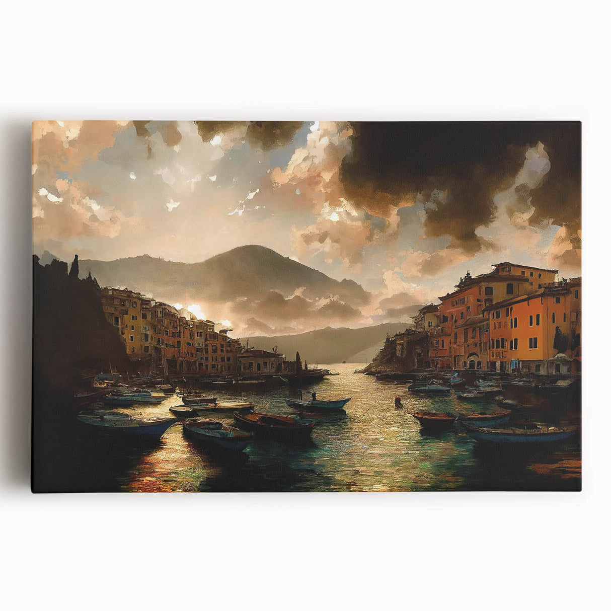 Black and white stretched canvas of Portofino scenery, ideal for kitchen wall art or bedroom ambiance.