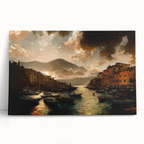 Black and white large art print of Portofino, Italy on stretched canvas, ideal for kitchen wall art.