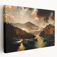Portofino, Italy coastal scene on stretched canvas with vivid blue and terracotta tones, suitable for kitchen wall art.