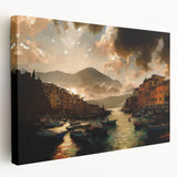 Portofino, Italy coastal scene on stretched canvas with vivid blue and terracotta tones, suitable for kitchen wall art.