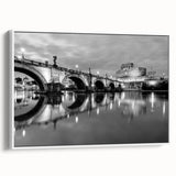 Vintage poster art of Rome on framed canvas, featuring colorful imagery on a black background, ideal for living room decor.