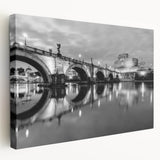 Side view of a stretched canvas featuring a realistic scene of Rome, Italy, with rich earth tones.