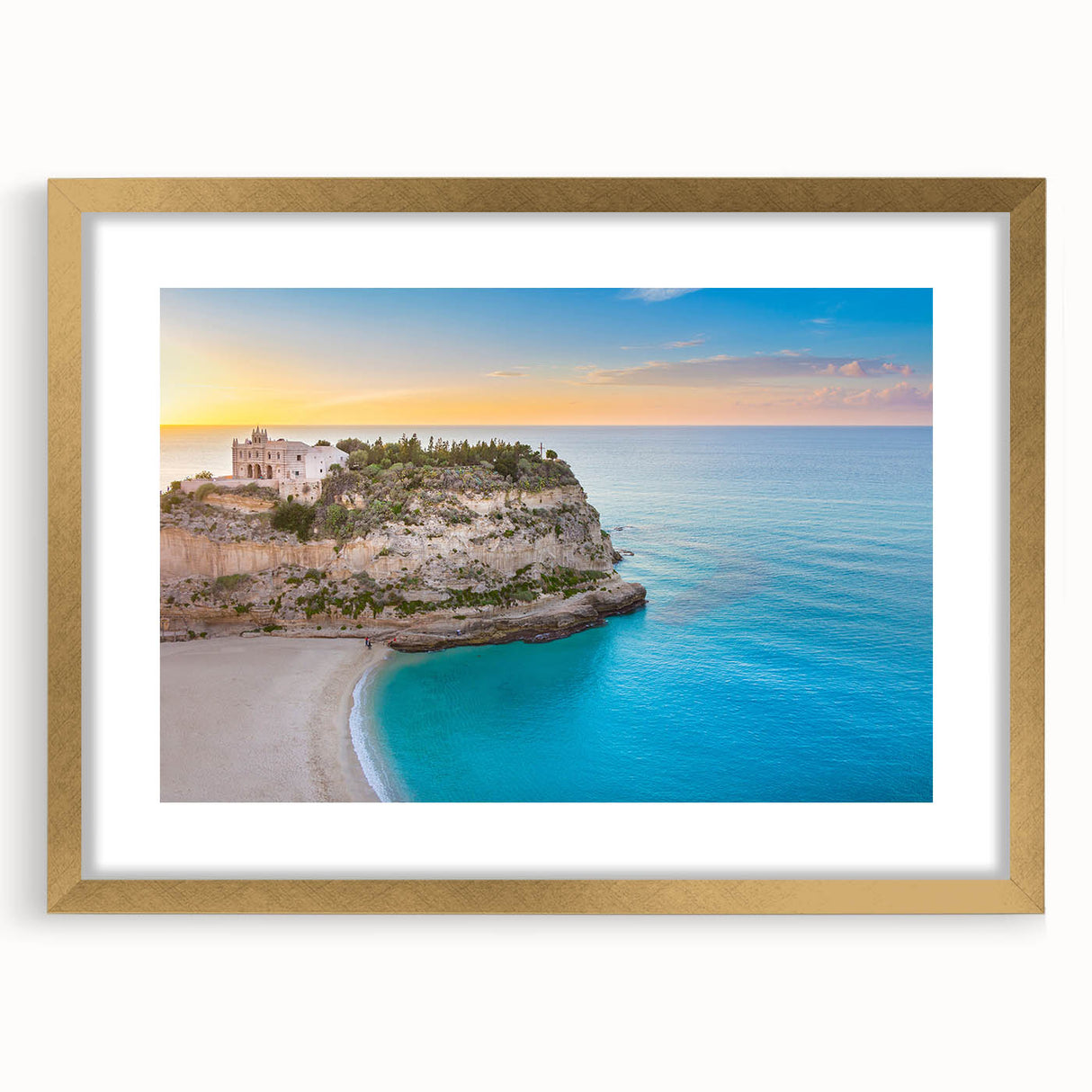 Abstract art print of a Sicilian landscape in muted earth tones on a framed canvas, ideal for dining room decor.