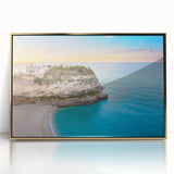 Art deco poster of Sicilian landscape in gold frame, featuring muted earth tones, ideal for modern art wall decor.