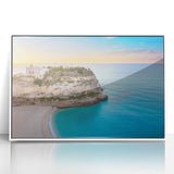 Mid-century modernist art of Sicilian landscape in muted earth tones on a framed acrylic, suitable for nursery wall art.