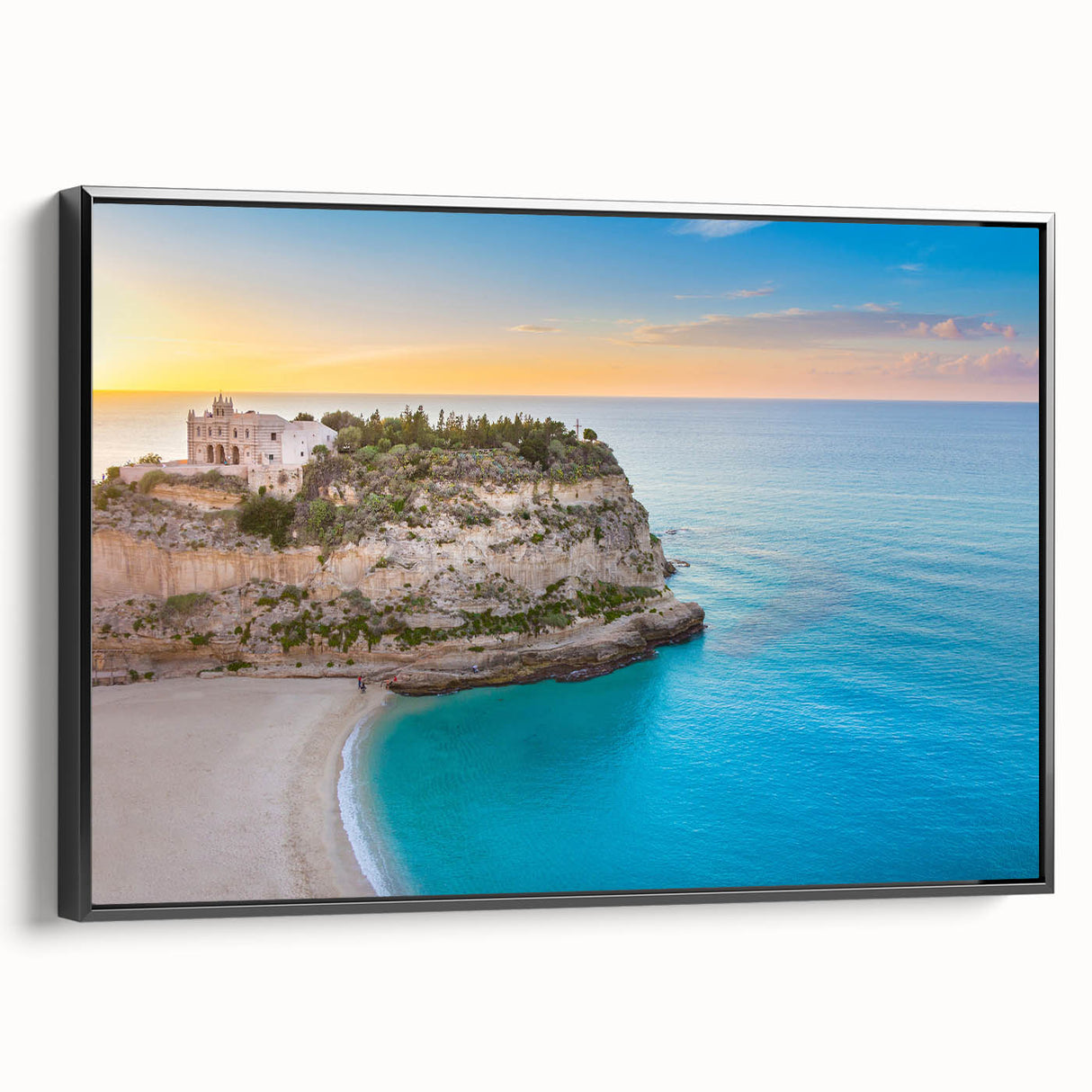 Black and white framed canvas featuring a vintage poster art style landscape of Sicilian scenery, ideal for bedroom decor.