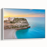 Vintage poster art of a Sicilian landscape on a framed canvas, featuring vivid colors, ideal for living room decor.