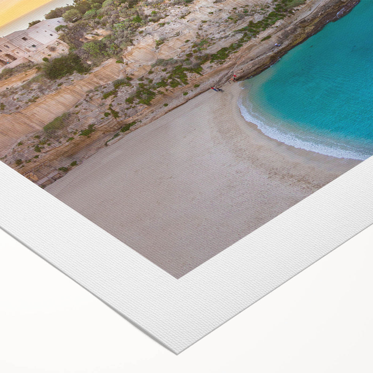 Art deco poster of a Sicilian landscape with muted earth tones on rolled canvas, suitable for dining room decor.