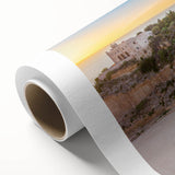 Art deco poster of Sicilian landscape on rolled canvas, featuring soft pastel shades, ideal for nursery wall art.