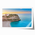 Scenic Sicilian landscape print with vibrant green and blue hues on rolled canvas, ideal for dining room wall art.