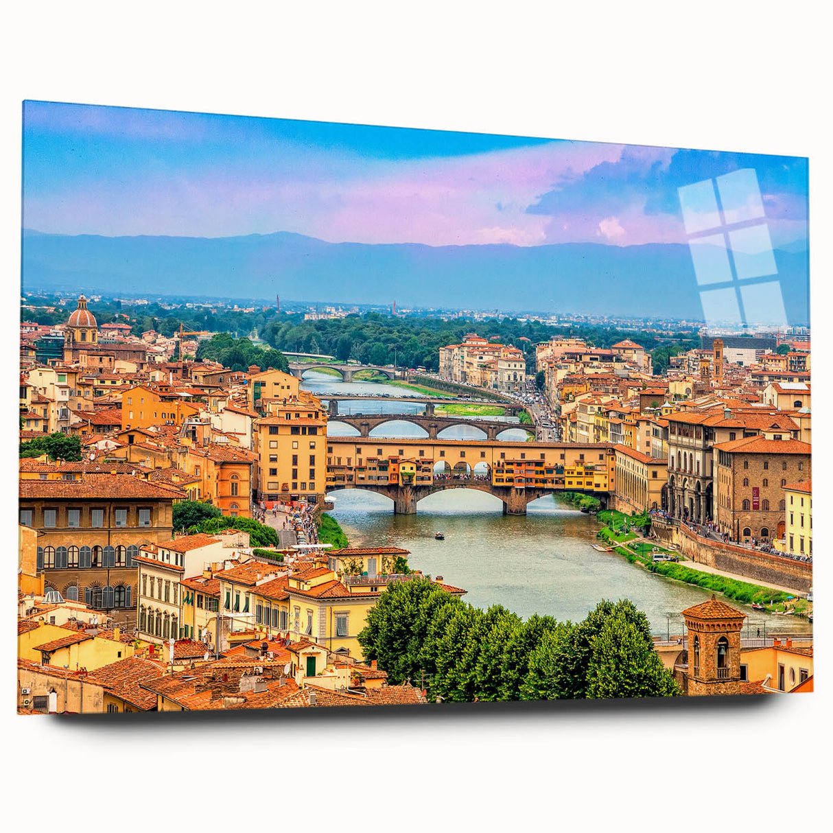 Acrylic print of a Tuscan landscape in muted earth tones, ideal for bedroom or dining room art.