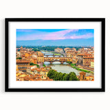 Extra large abstract art print of Tuscany scenery in vibrant colors on textured canvas, framed in black.