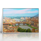 Mid-century modernist Tuscan landscape on framed acrylic, in muted earth tones, ideal for nursery wall art.