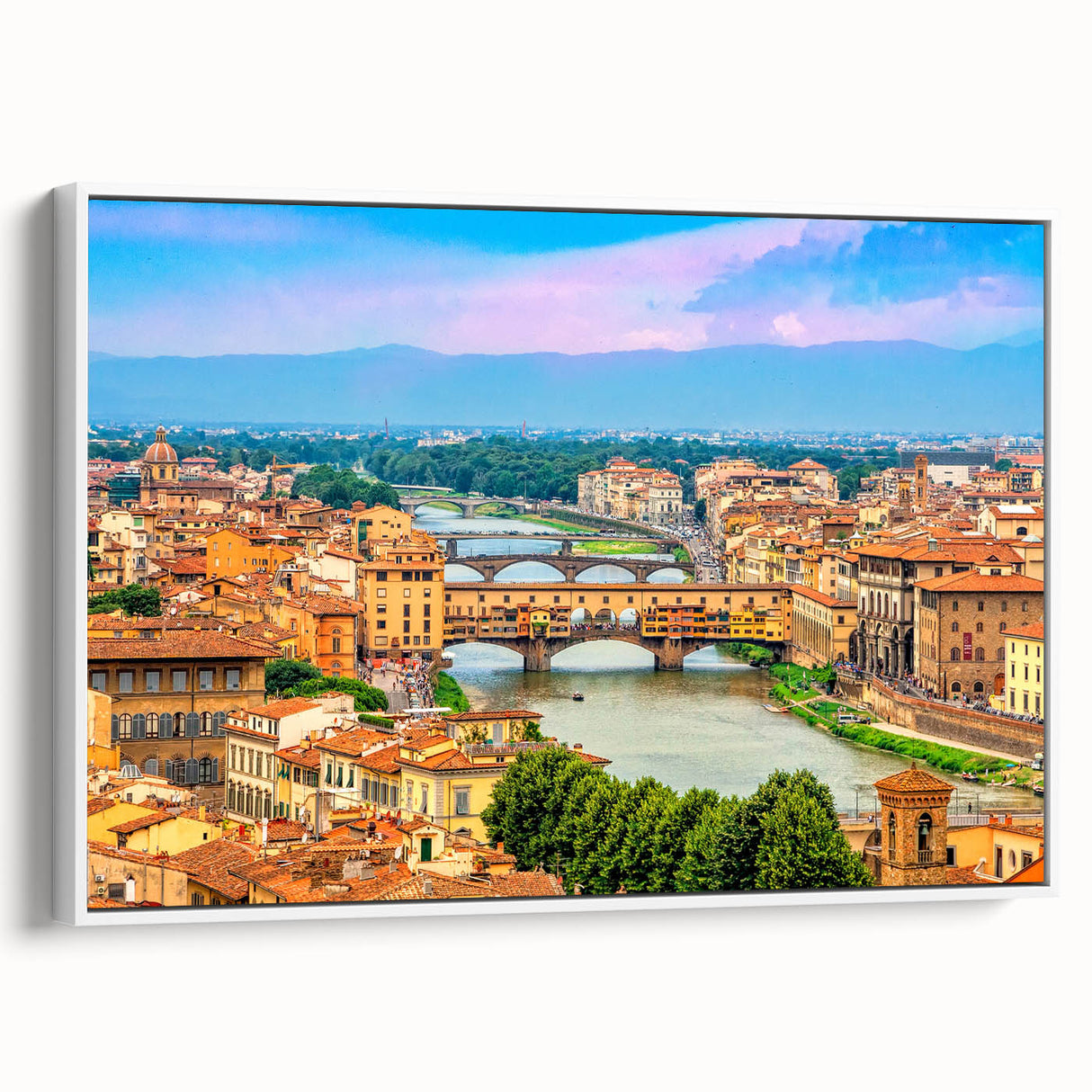 Vintage poster art of a colorful Tuscan landscape on a framed canvas, ideal for living room decor.