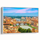 Vintage poster art of a colorful Tuscan landscape on a framed canvas, ideal for living room decor.