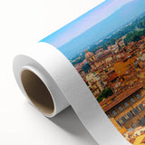 Art Deco style poster of Tuscany landscape in muted earth tones on rolled canvas, suitable for dining room wall art.