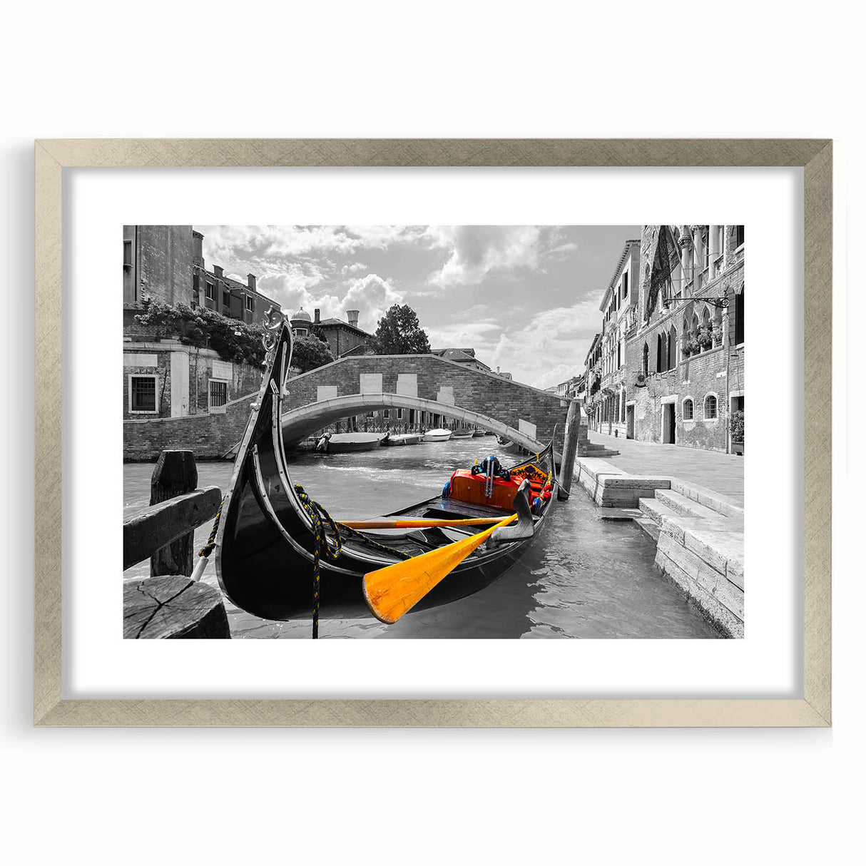 Extra large abstract print of Venice scenery in muted blues and grays, framed in silver, ideal for living room decor.