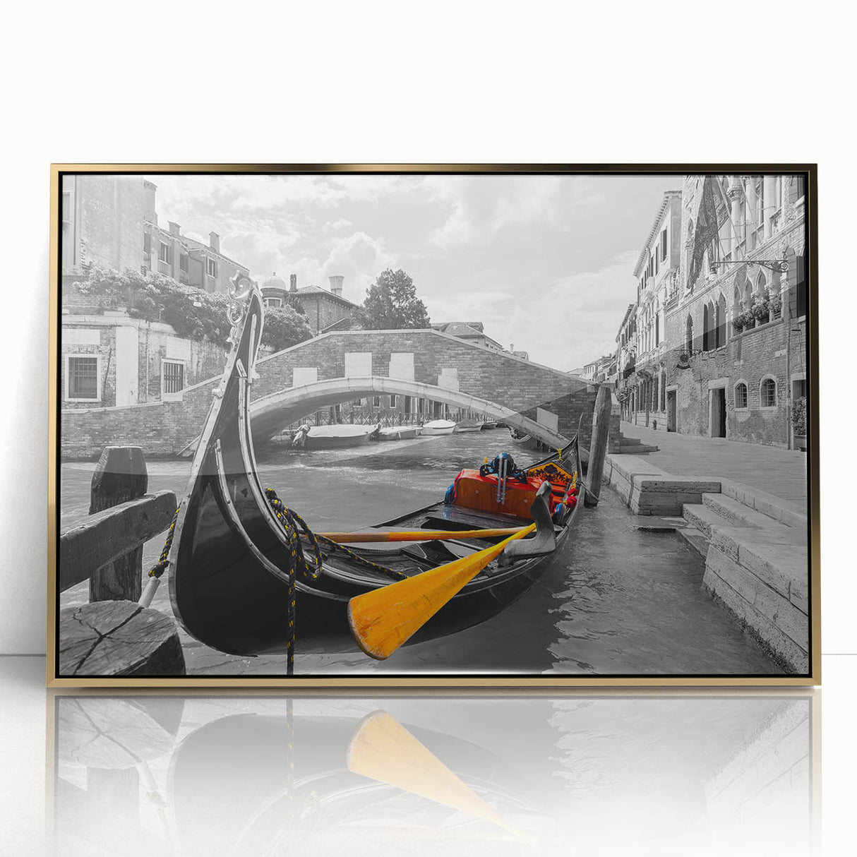 Art deco poster of Venice with muted gold and blue tones on framed acrylic, ideal for modern art wall decor.