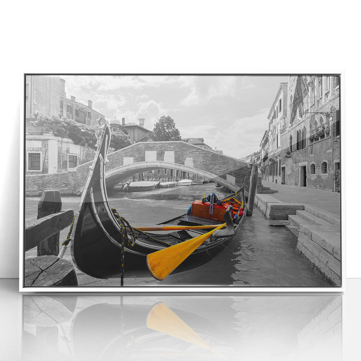Mid-century modernist art of Venice scenery in muted pastel shades on framed acrylic, ideal for nursery wall art.