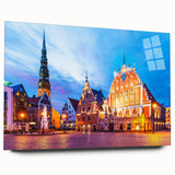 Large abstract acrylic print of a European scenery in muted earth tones, ideal for bedroom or dining room decor.