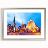 Extra large abstract art print featuring textured scenery of Latvia in muted earth tones on a silver-framed canvas.