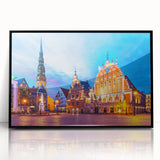 Large abstract wall art depicting a European scenery in Latvia, framed in black acrylic, with mid-century modernist style.