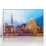 Mid-century modernist art depicting a serene Latvian landscape in muted earth tones, framed acrylic.