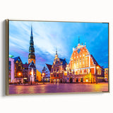 Framed canvas vintage poster art of a Latvian landscape in black and gold tones, ideal for bedroom wall decor.