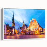 Vintage poster art of a European scenery in Latvia, featuring colorful art on extra large framed canvas.