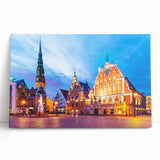 Black and white photograph of a European cityscape on large stretched canvas, ideal for kitchen wall art.