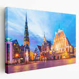 Large art of a European cityscape in muted earth tones on stretched canvas, suitable for kitchen wall art.