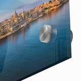 Large abstract wall art of Malta scenery in muted earth tones on acrylic glass, suitable for dining room decor.