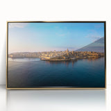 Art Deco poster of a European Malta scenery on gold-framed acrylic, featuring soft pastel colors, ideal for nursery wall art.