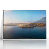 Mid-century modernist art of Malta scenery in muted colors on a framed acrylic, ideal for nursery wall decor.