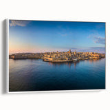 Vintage poster art of a European Malta scenery on extra large framed canvas, featuring colorful art on a black background.