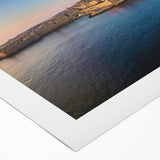 Art deco poster of Malta scenery on rolled canvas, featuring muted blue and orange tones, ideal for dining room wall art.