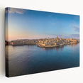 Large canvas print of a scenic Malta coastline in muted blue and green tones, suitable for kitchen wall art.