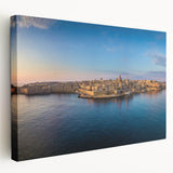 Large canvas print of a scenic Malta coastline in muted blue and green tones, suitable for kitchen wall art.