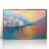 Art deco poster of the Mediterranean Sea in soft pastels on a framed acrylic, ideal for modern art wall decor.