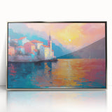 Large art print of a Mediterranean seaside village in mid-century modernist style, with muted blue and white tones.
