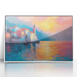 Mid-century modernist art depicting the Mediterranean Sea with muted blue and white tones on a framed acrylic print.