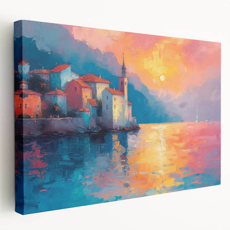 Large stretched canvas depicting a Mediterranean seaside landscape in vibrant blue and white tones.