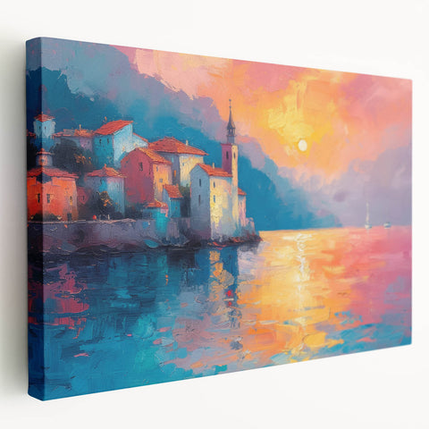 Large stretched canvas depicting a Mediterranean seaside landscape in vibrant blue and white tones.