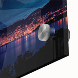 Large abstract wall art of Monaco scenery in muted blues and grays on acrylic glass, ideal for dining room decor.